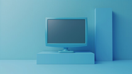 Fototapeta premium 3D Rendering of a Blue Monitor on the Wall in Minimalist Style for Tech Advertising, Featuring Soft Lighting and Pastel Colors for Digital Branding.