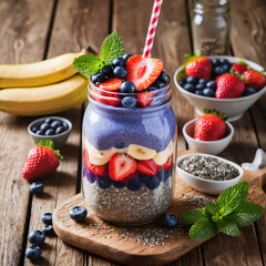 Colorful fruit parfait with blueberries, strawberries, and bananas on a wooden table