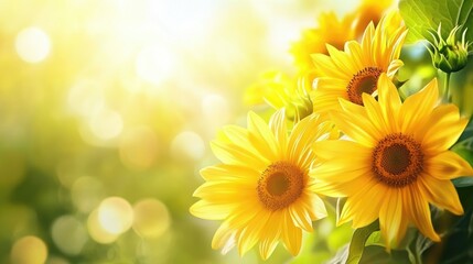 Obraz premium A close-up of bright yellow flowers basking in sunlight, with a soft bokeh background of greenery and light