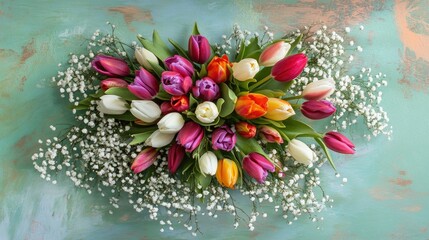 A colorful bouquet of tulips and white baby breath spread on a refreshing mint green surface