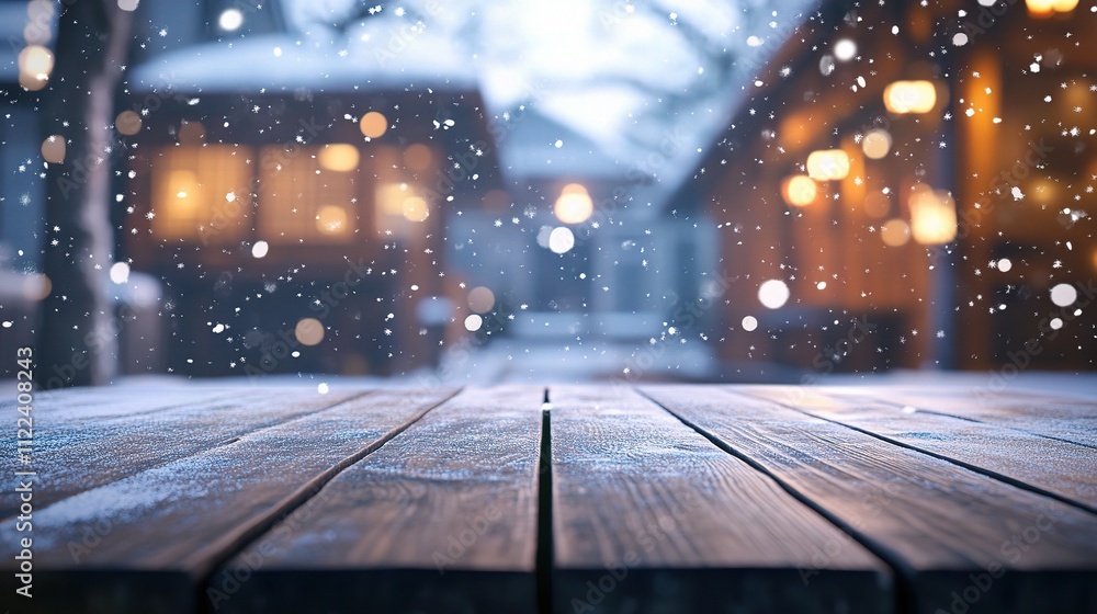 Aufkleber snowy winter scene with empty wooden table and soft bokeh lights