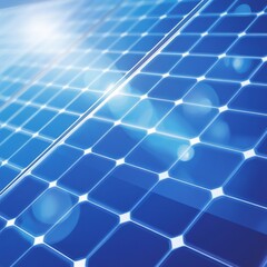 Close-up of solar panel cells, sun glare, clean energy.