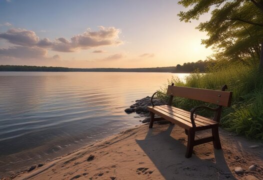 The only sound is the gentle lapping of waves against the shore as a solitary wooden bench sits atop the shoreline overlooking Pewaukee Lake, wisconsin, shoreline, nature