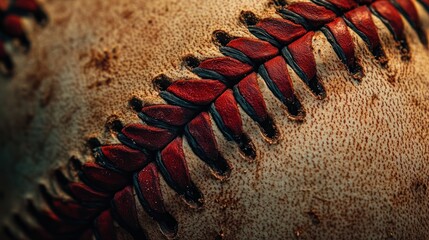 Close-up of a well-worn baseball's red stitching and textured leather.
