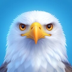 Obraz premium Close-up portrait of a bald eagle's head and shoulders against a bright blue background.