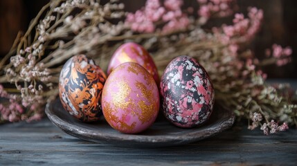 Obraz premium Colorfully decorated eggs arranged on a dark plate with dried flowers in a rustic setting during springtime festivities