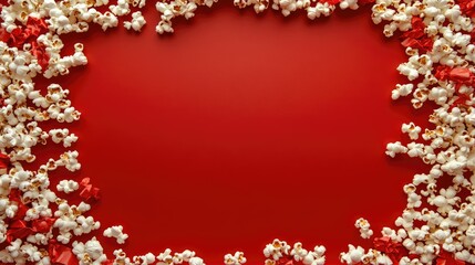 A movie clapperboard and popcorn pieces forming a frame on a solid red background, leaving a central blank area.
