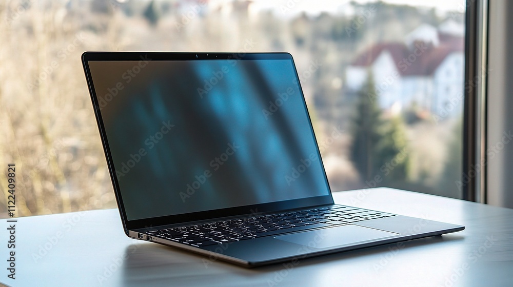 Poster modern laptop on table with blank screen and window view background