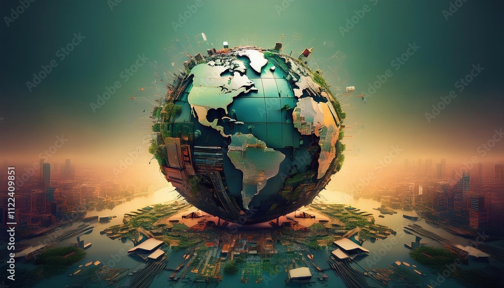 Poster conceptual visual of globe made from broken electronic components, surrounded by hazy atmosphere, sy