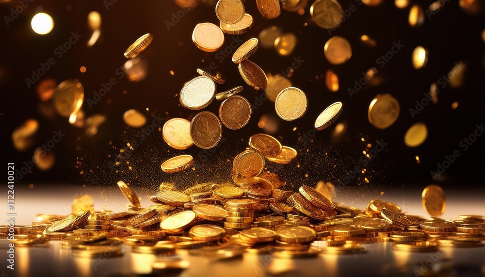 Poster dramatic image of gold coins cascading down in slow motion, illuminated by dynamic lighting, creatin