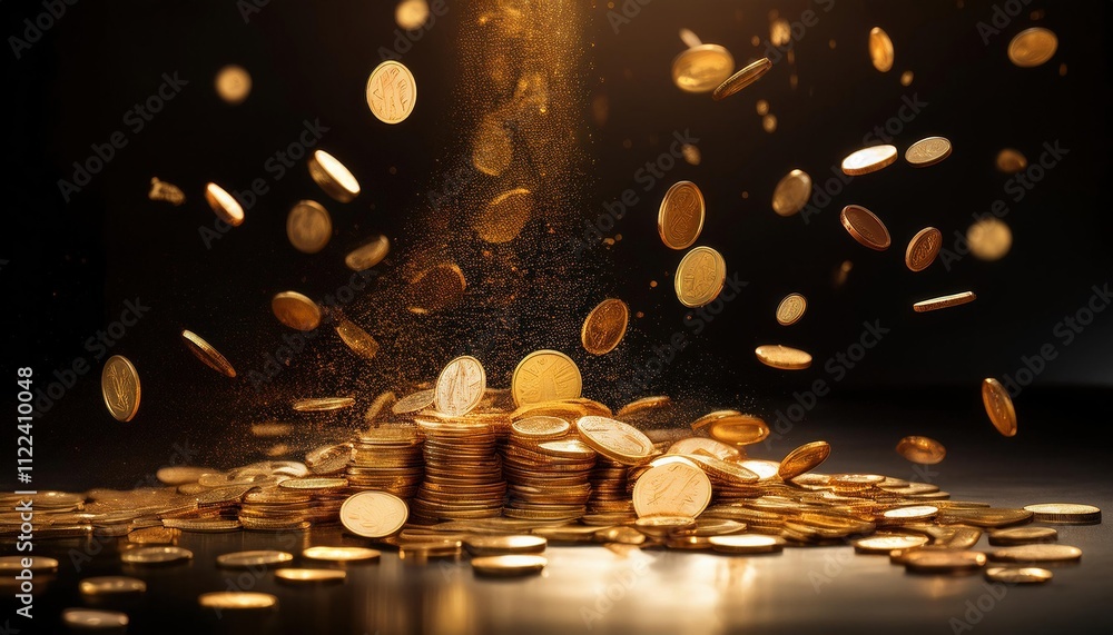 Poster dramatic image of gold coins cascading down in slow motion, illuminated by dynamic lighting, creating mesmerizing effect of wealth and abundance