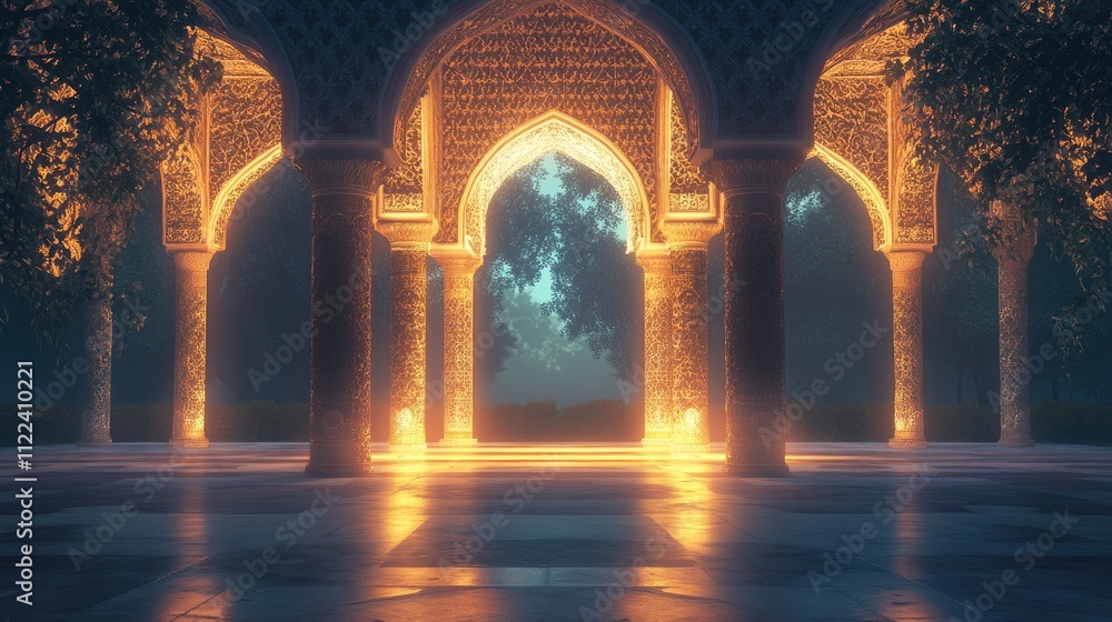 Poster a tranquil scene of glowing arches surrounded by intricate patterns, softly illuminated in a peacefu