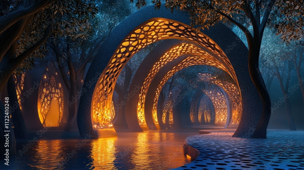 Aufkleber a tranquil scene of glowing arches surrounded by intricate patterns, softly illuminated in a peacefu