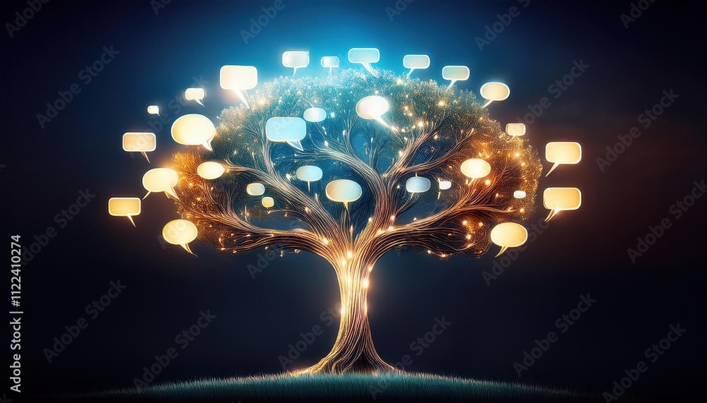 Poster glowing tree with branches forming speech bubbles symbolizes growth through communication, represent