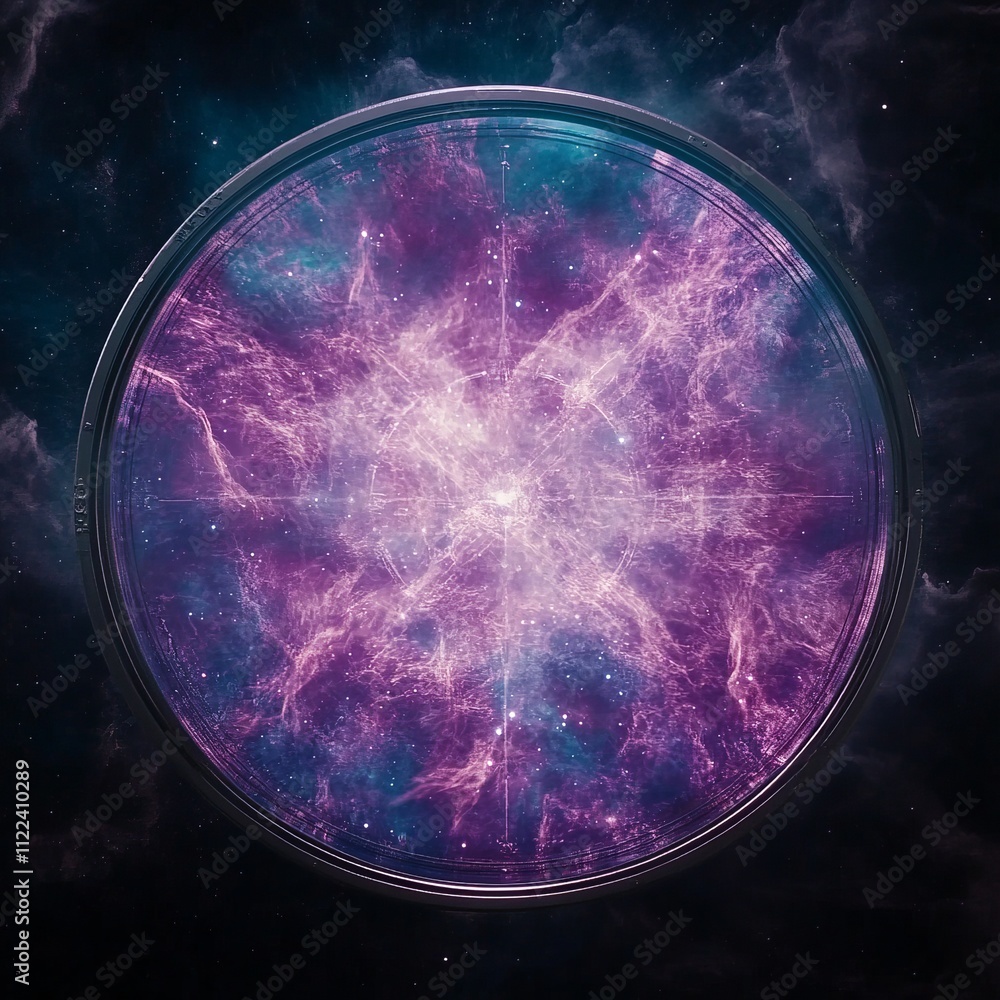 Poster cosmic nebula contained within a circular frame, resembling a portal or window to space.