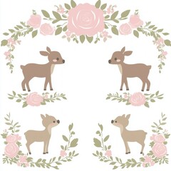 Fototapeta premium Cute deer couple with floral frame illustration.