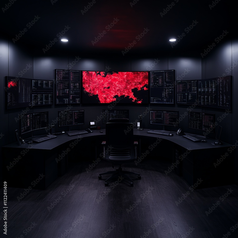 Poster dark control room with multiple monitors displaying data.