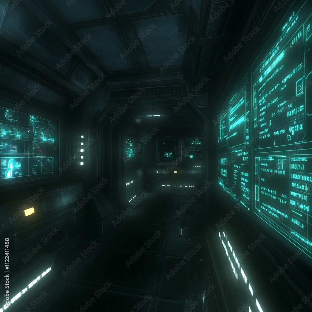 Poster dark futuristic spaceship corridor with glowing monitors displaying data.