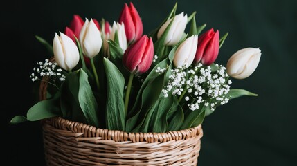 Obraz premium Elegant Basket of Tulips and Baby's Breath on Dark Background