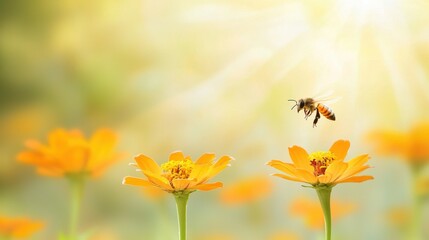 Obraz premium Bee pollinating vibrant flowers in a lush natural environment capturing natures beauty