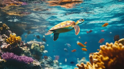 Fototapeta premium Colorful coral reefs and diverse marine life with a sea turtle navigating through clear blue waters in a vibrant underwater paradise