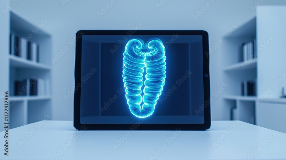 Poster digital display of futuristic anatomical model on a tablet screen