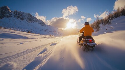 Snowmobiler riding through snowy mountain landscape at sunset.
