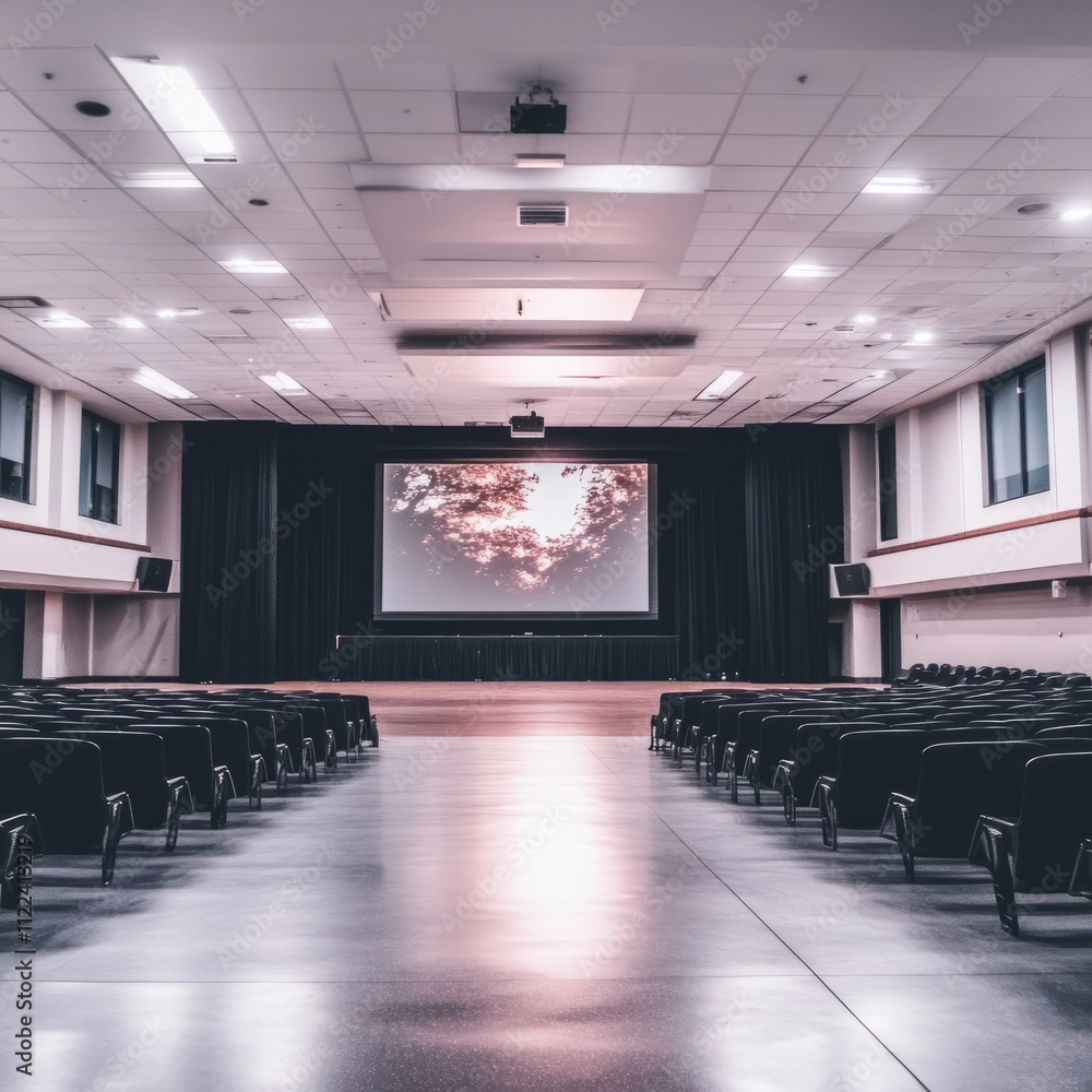 Poster Empty auditorium with rows of chairs facing a large screen displaying a nature image.