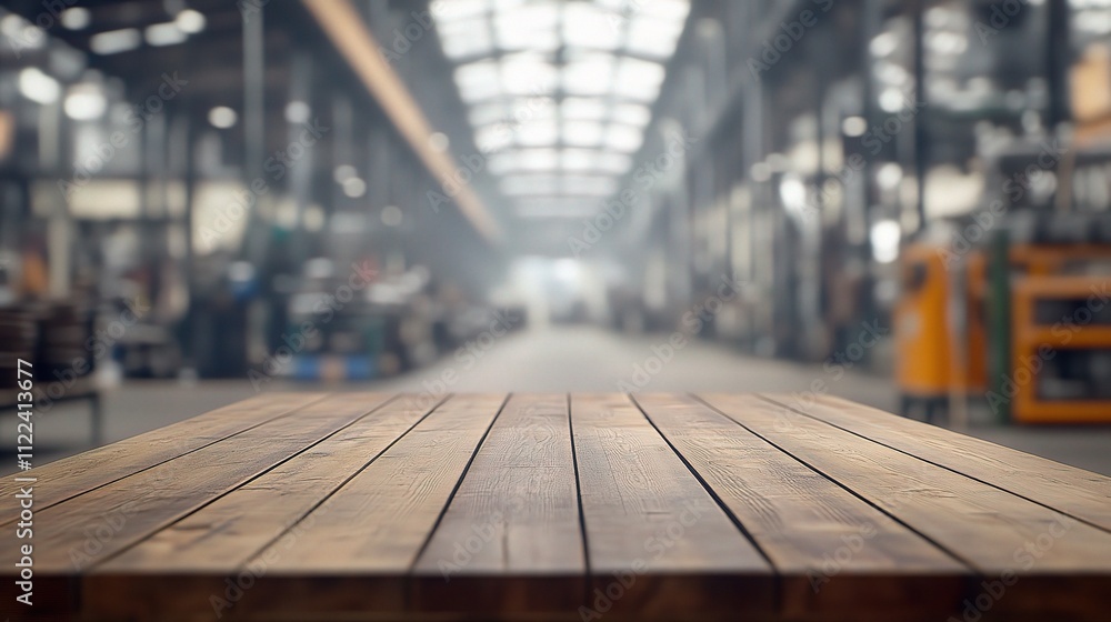 Poster empty wooden table in blurred factory background displaying depth