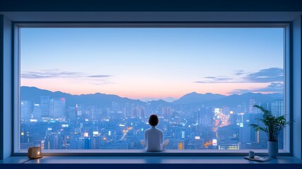 Fototapeta premium A contemplative figure gazes out at a serene cityscape during twilight.