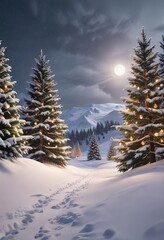 Fototapeta premium Snow-covered landscape with Christmas trees and lights, , winter wonderland