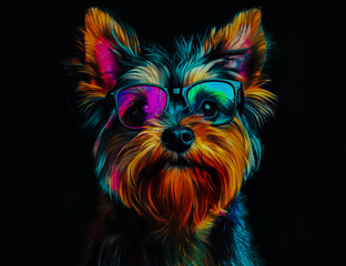 Naklejka premium A digital painting of a dog wearing stylish glasses, set against a smooth black background,