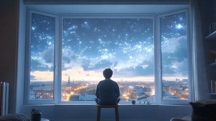Fototapeta premium A young boy gazes out at a starry night from his cozy room.