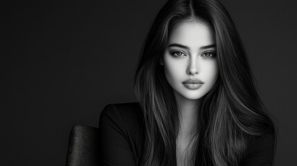 Fototapeta premium High-end fashion photography of a person seated in a modern chair, looking confident in a timeless black and white photo, with dramatic studio lighting and a sophisticated expression 