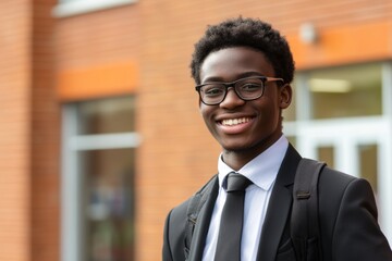Fototapeta premium Student enjoys outdoor break at school in uniform, showcasing positivity and confidence in academic life