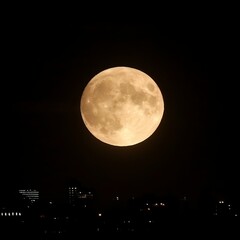 Fototapeta premium Full amber moon over city skyline at night.