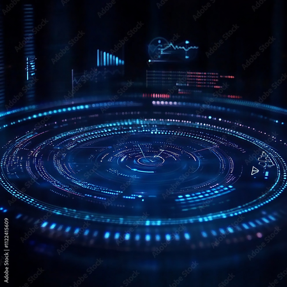 Poster futuristic blue circular hud interface with data visualizations.
