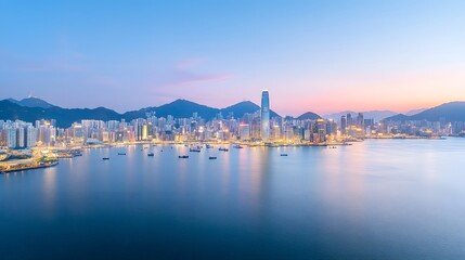 Obraz premium Stunning cityscape of Hong Kong at dusk, showcasing vibrant lights reflecting on water.