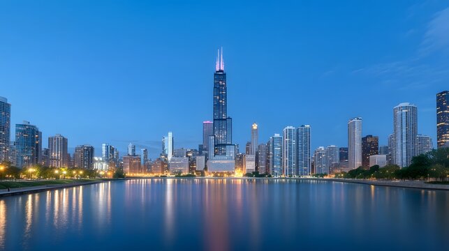 Skyline view of Chicago at dusk, featuring the iconic Willis Tower.