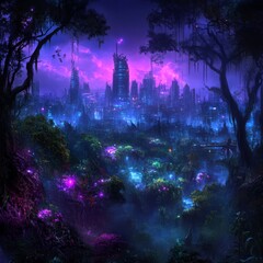 Fototapeta premium Futuristic city skyline overgrown by vibrant, glowing flora at night.