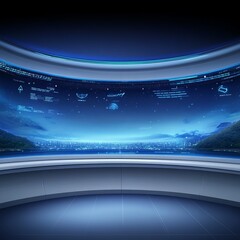 Futuristic cityscape displayed on a curved screen in a modern room.