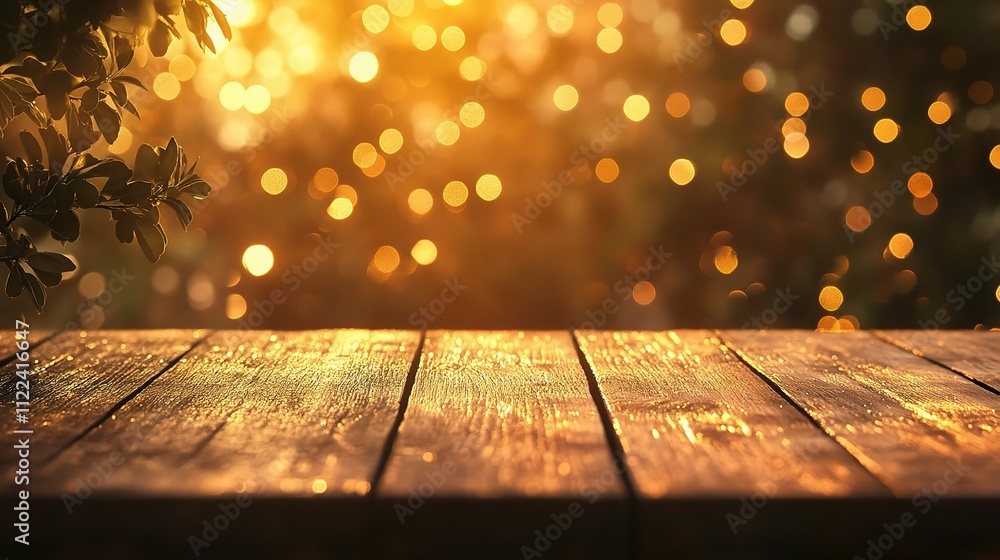 Poster golden bokeh background with rustic wooden table texture in cafe