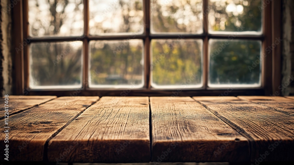 Poster rustic wooden table in front of blurred window view