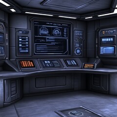 Obraz premium Futuristic control room interior with monitors and panels.