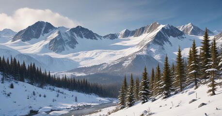 Forest and snow-covered peaks of the Chugach Mountains, forest and mountains, alaskan woods