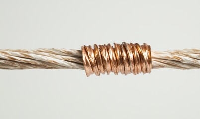 A close-up of twisted rope with copper wire wrapped around it.