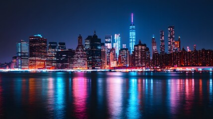 Obraz premium Vibrant skyline at night showcasing skyscrapers and colorful reflections on water.