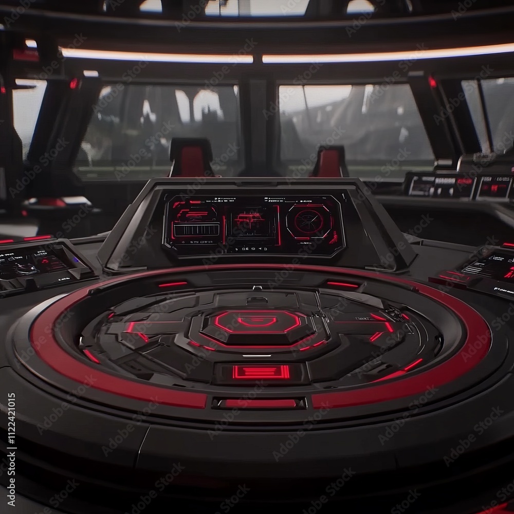 Aufkleber futuristic spaceship bridge interior with red and black control panel, displaying various digital re