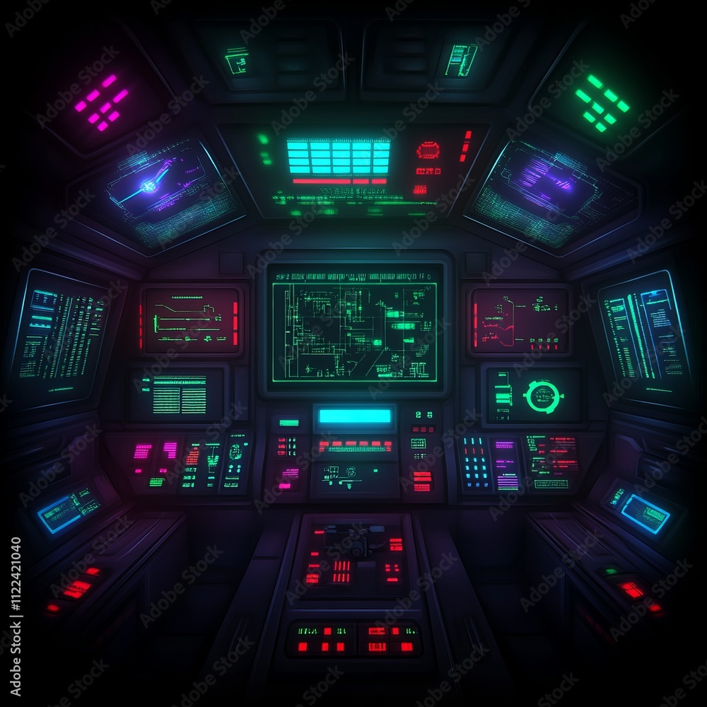 Poster futuristic spaceship control panel with glowing neon interfaces and various digital displays.