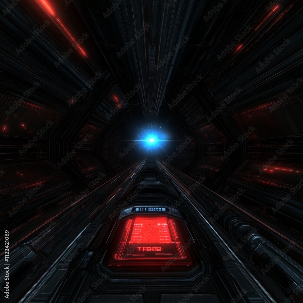 Poster futuristic spaceship corridor with glowing lights and control panel.